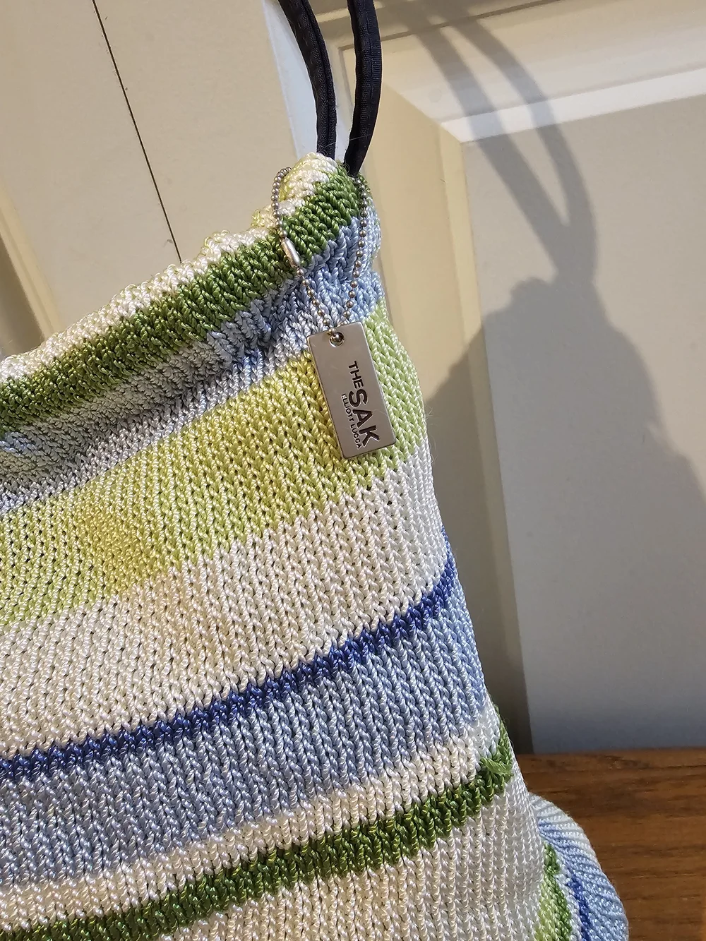 The Sak Striped Knit Tote Bag in White, Green and Blue - Casual Shoulder Bag